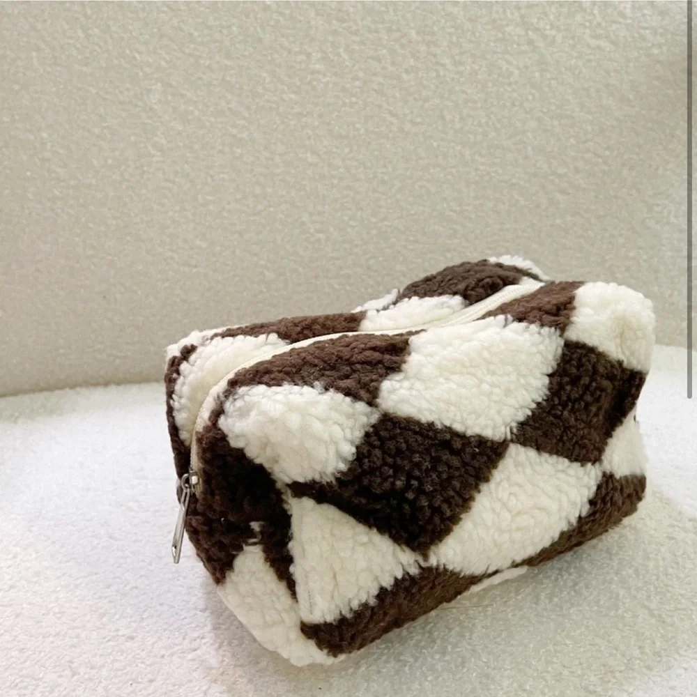 Brand new** Plush Brown Checkered Cosmetic Bag - Picture 2 of 2